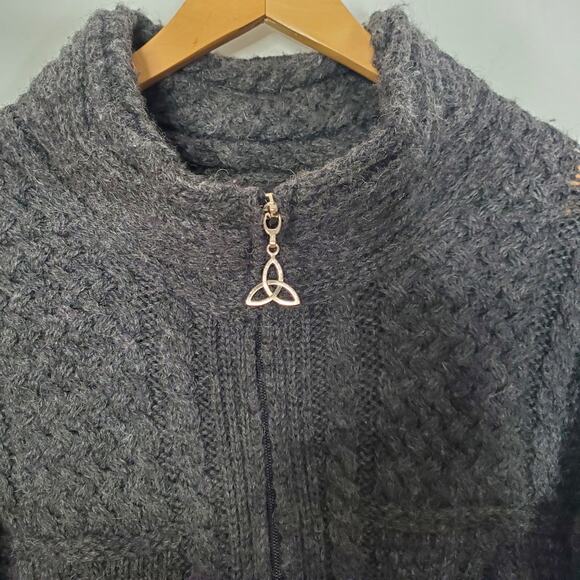 Aran Mor 100% Merino Wool Full Zip Cable Knit Sweater Gray Ireland Size Medium - Picture 5 of 11